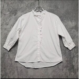 Zara Shirt Womens Size 11-12 White 3/4 Sleeves Button Up Ruffle Trim Blouse Top
